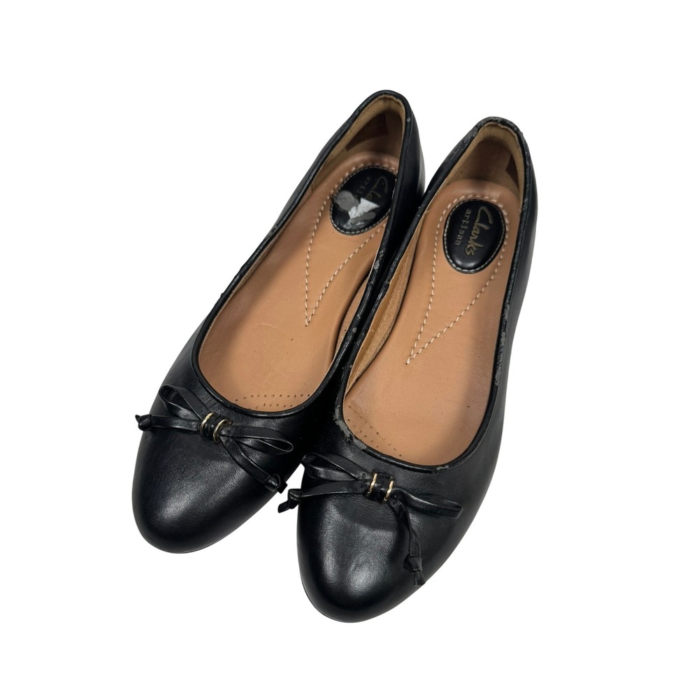 Clarks Artisan Black Leather Ballet Flats Bow Accent Round Toe Shoes US 6.5M